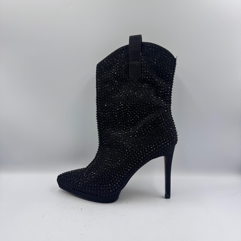 Jessica Simpson Vianne Black Rhinestone Stiletto Ankle Boots Western Pointed Toe